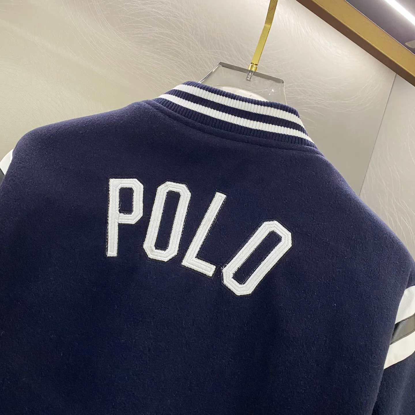 P300 Ralph Lauren Pony Embroidered American Retro Wool Spliced ​​Leather Baseball Jacket with Big Logo on the Back Color: Navy Size: m-XL